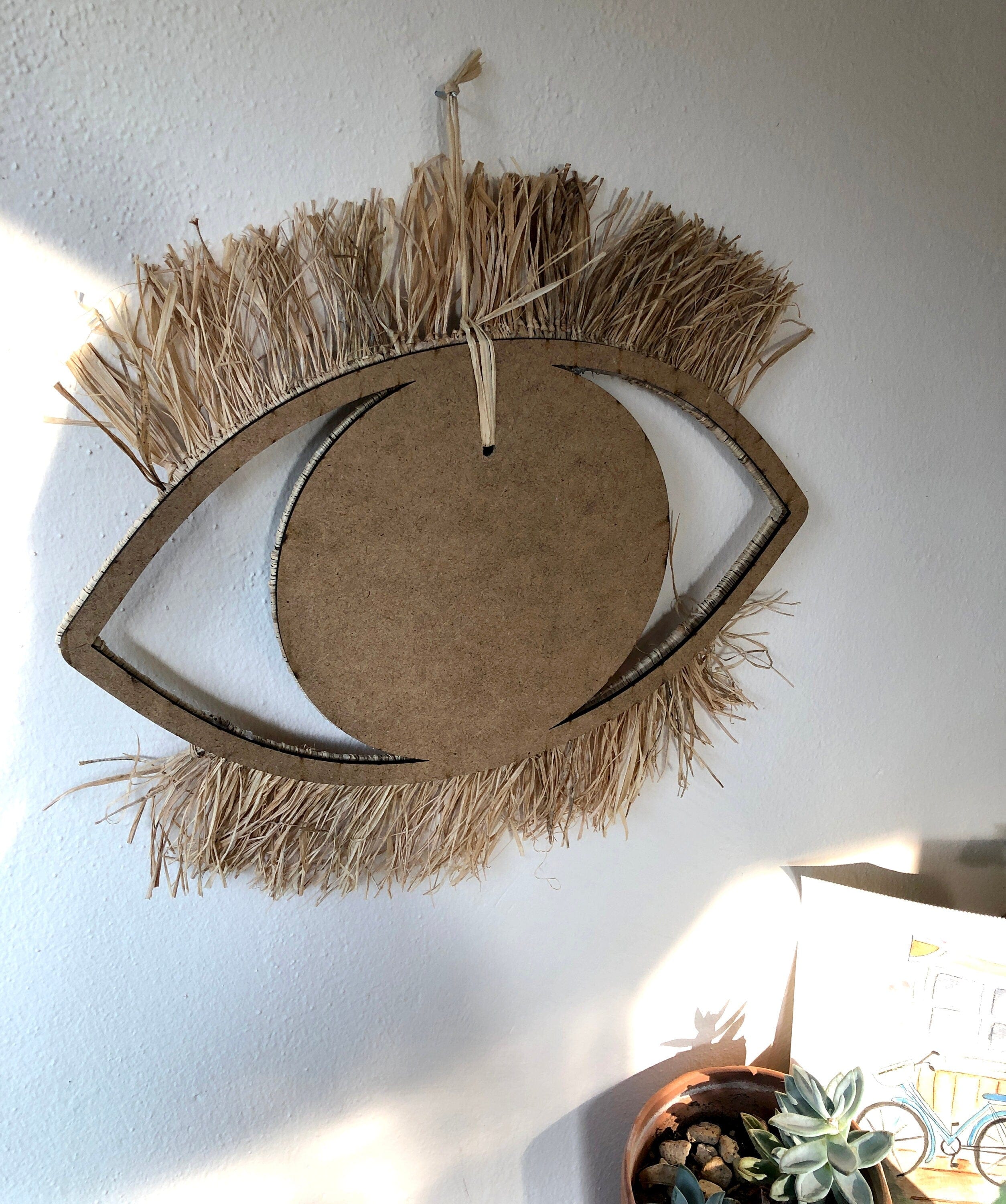 Eye-Shaped Bohemian Wall Decor with Glass Evil Eye and Raffia | Large Decorative Wall Hanging | Wooden Backing | Unique Boho Art