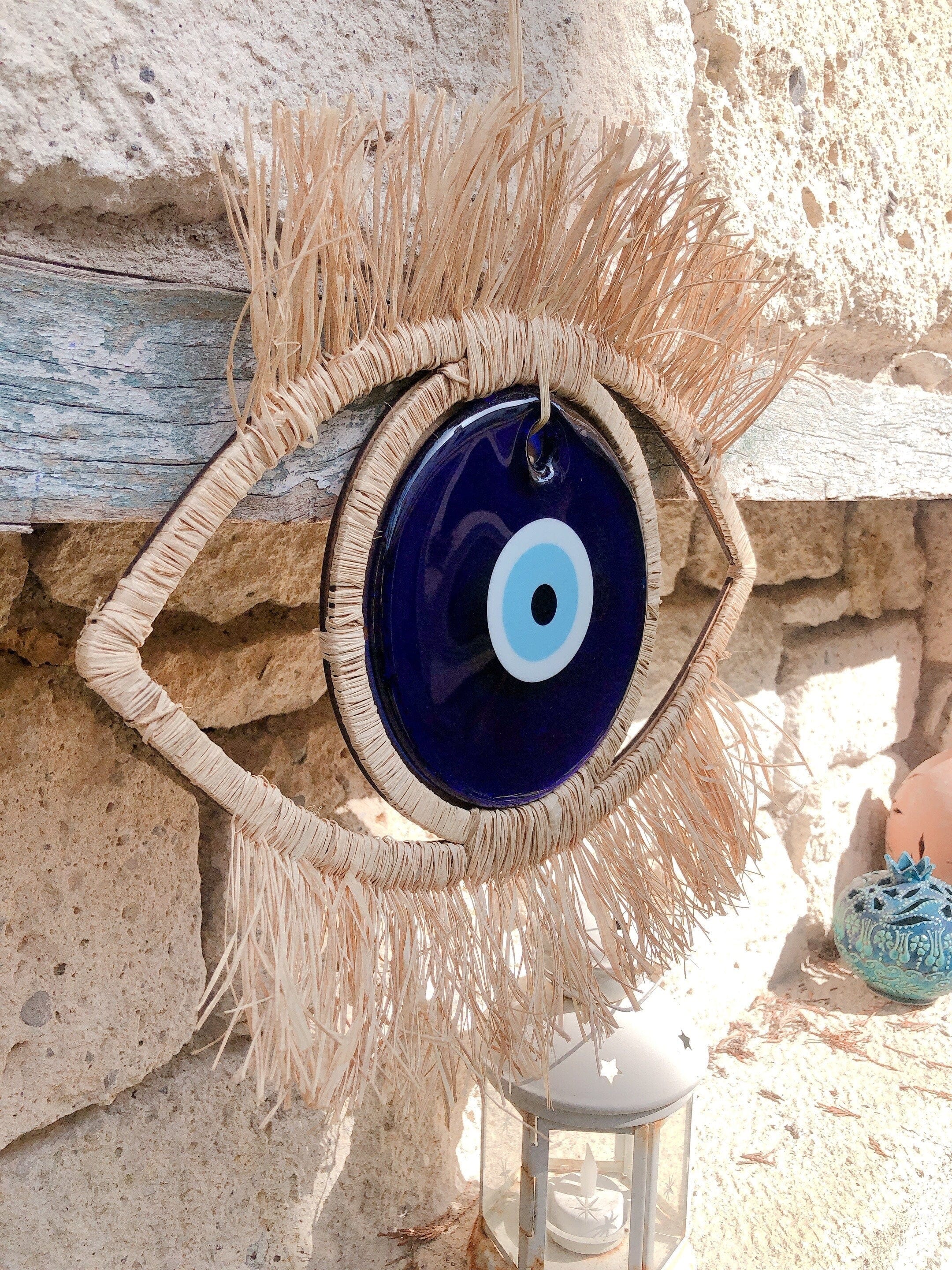 Eye-Shaped Bohemian Wall Decor with Glass Evil Eye and Raffia | Large Decorative Wall Hanging | Wooden Backing | Unique Boho Art