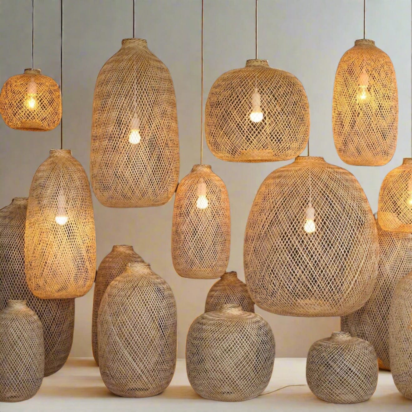 Flexible Bamboo Pendant Light – Fishing Basket Lamp Style- Handcrafted Boho Ceiling Lamp with Plug-In Kit