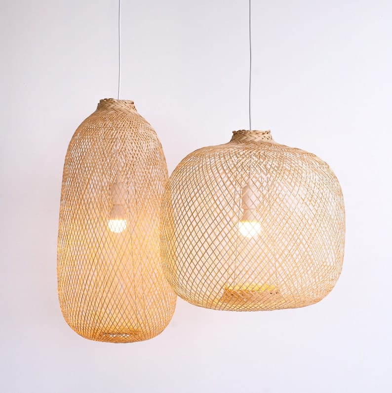 Flexible Bamboo Pendant Light – Fishing Basket Lamp Style- Handcrafted Boho Ceiling Lamp with Plug-In Kit