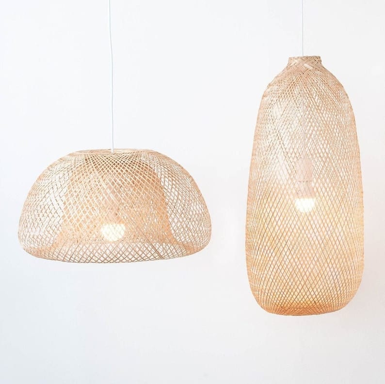 Flexible Bamboo Pendant Light – Fishing Basket Lamp Style- Handcrafted Boho Ceiling Lamp with Plug-In Kit