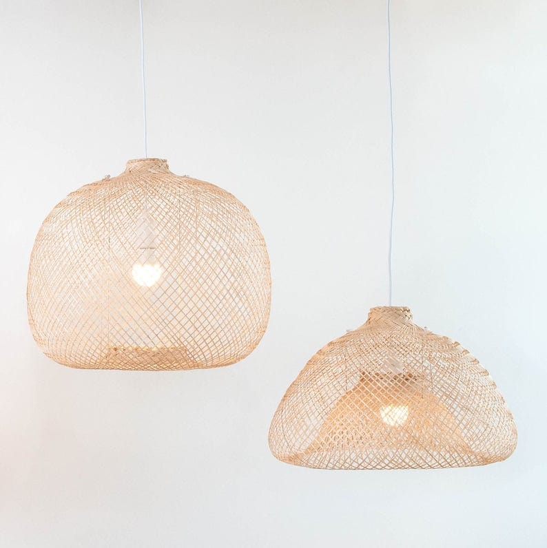 Flexible Bamboo Pendant Light – Fishing Basket Lamp Style- Handcrafted Boho Ceiling Lamp with Plug-In Kit