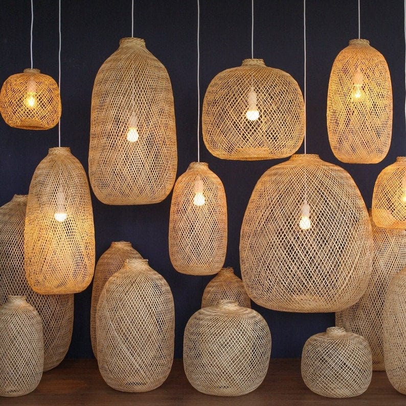 Flexible Bamboo Pendant Light – Fishing Basket Lamp Style- Handcrafted Boho Ceiling Lamp with Plug-In Kit