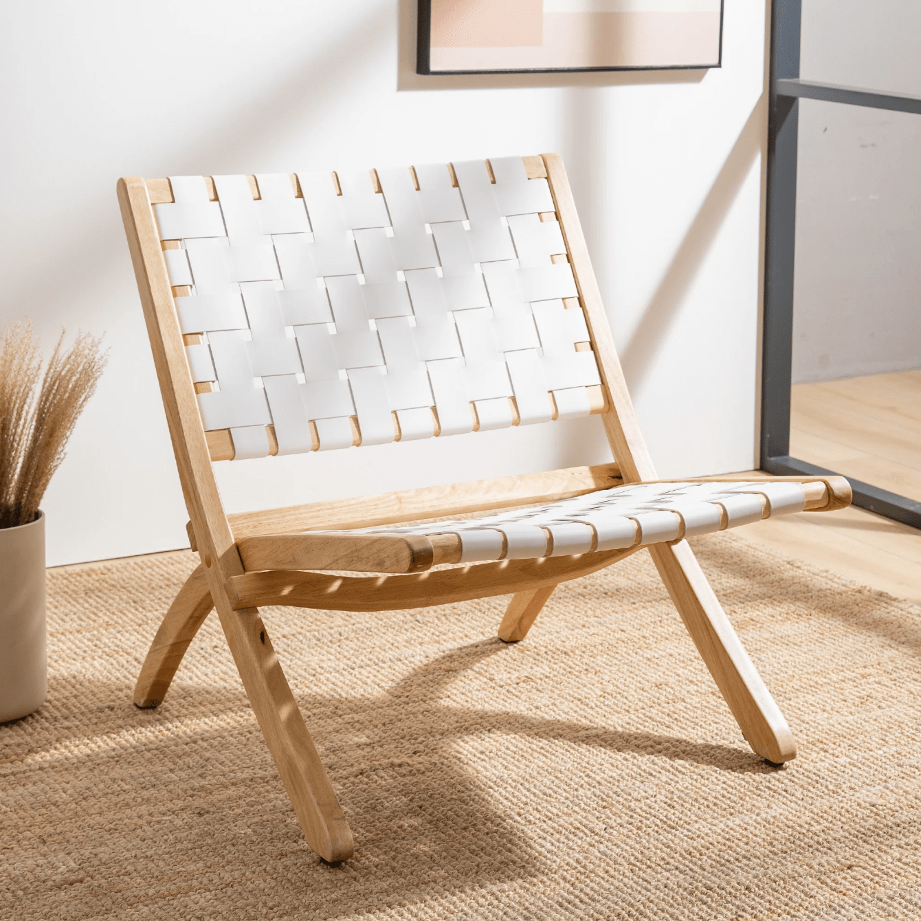 Folding Woven Leather Accent Chairs - Boho Modern Lounge Chair with Natural Wood - White Leather, Rattan-Inspired Low Chair for Living Room, Bedroom, Patio, Balcony