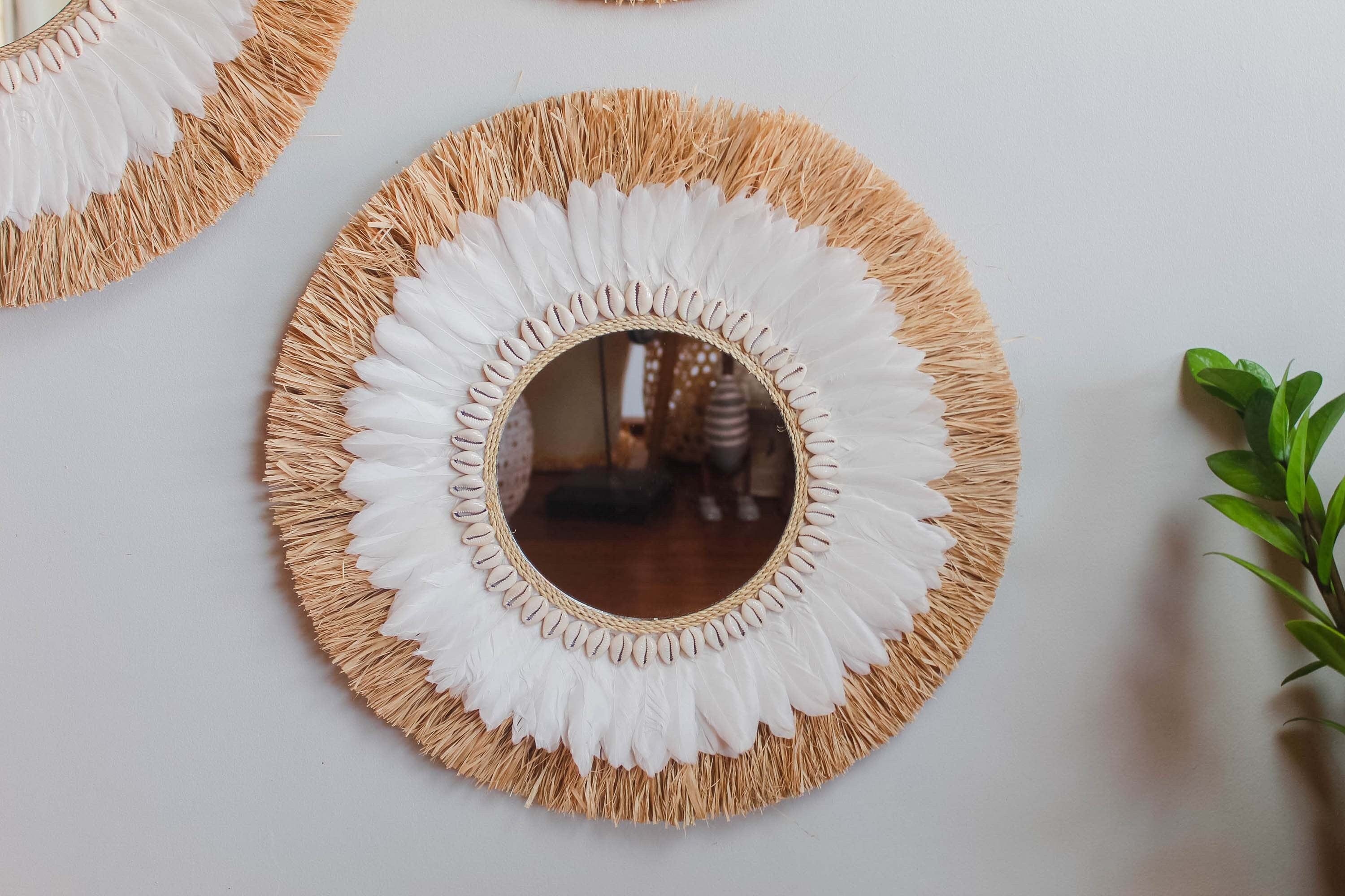 Fringed Grass Mirror Set with Natural Raffia and Cowrie Shells – Boho Chic Wall Decor