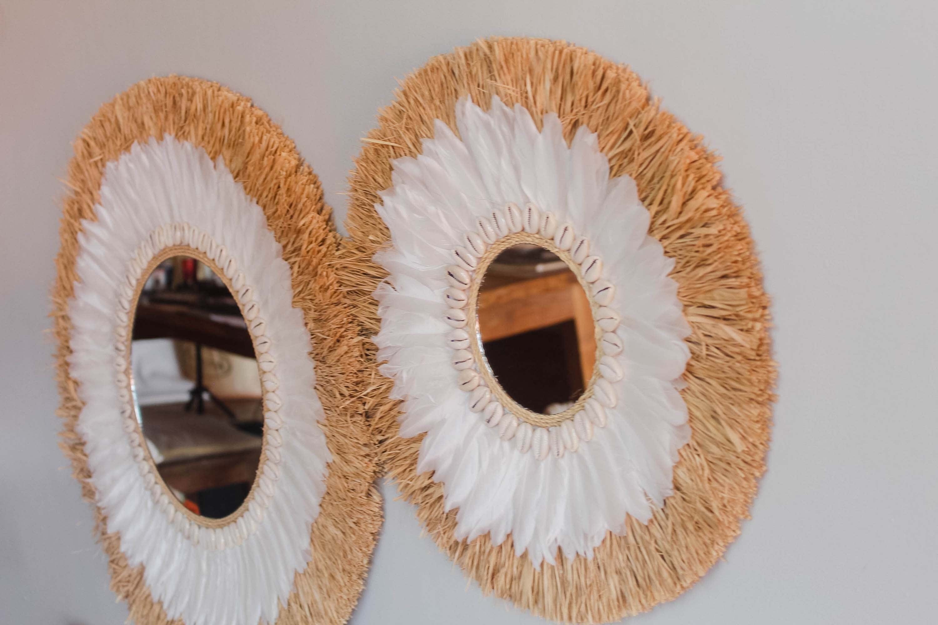 Fringed Grass Mirror Set with Natural Raffia and Cowrie Shells – Boho Chic Wall Decor