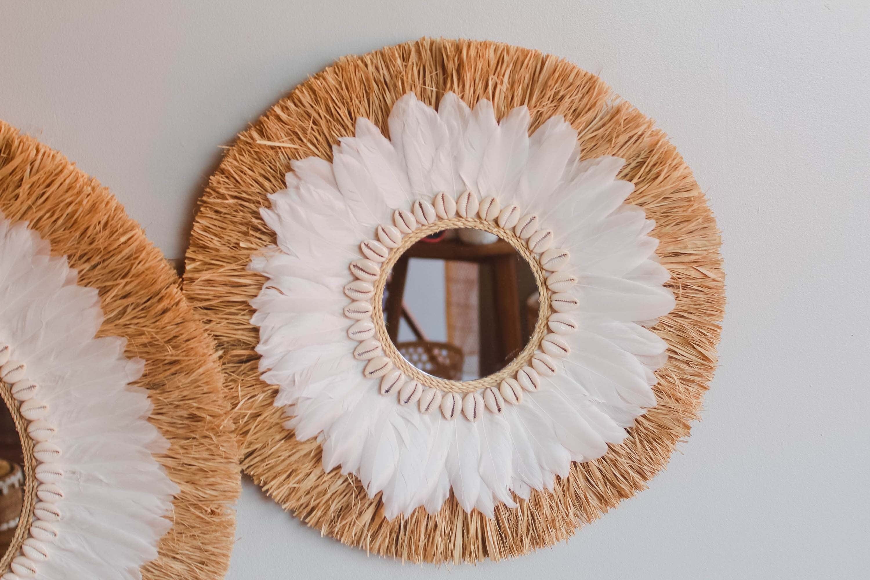 Fringed Grass Mirror Set with Natural Raffia and Cowrie Shells – Boho Chic Wall Decor