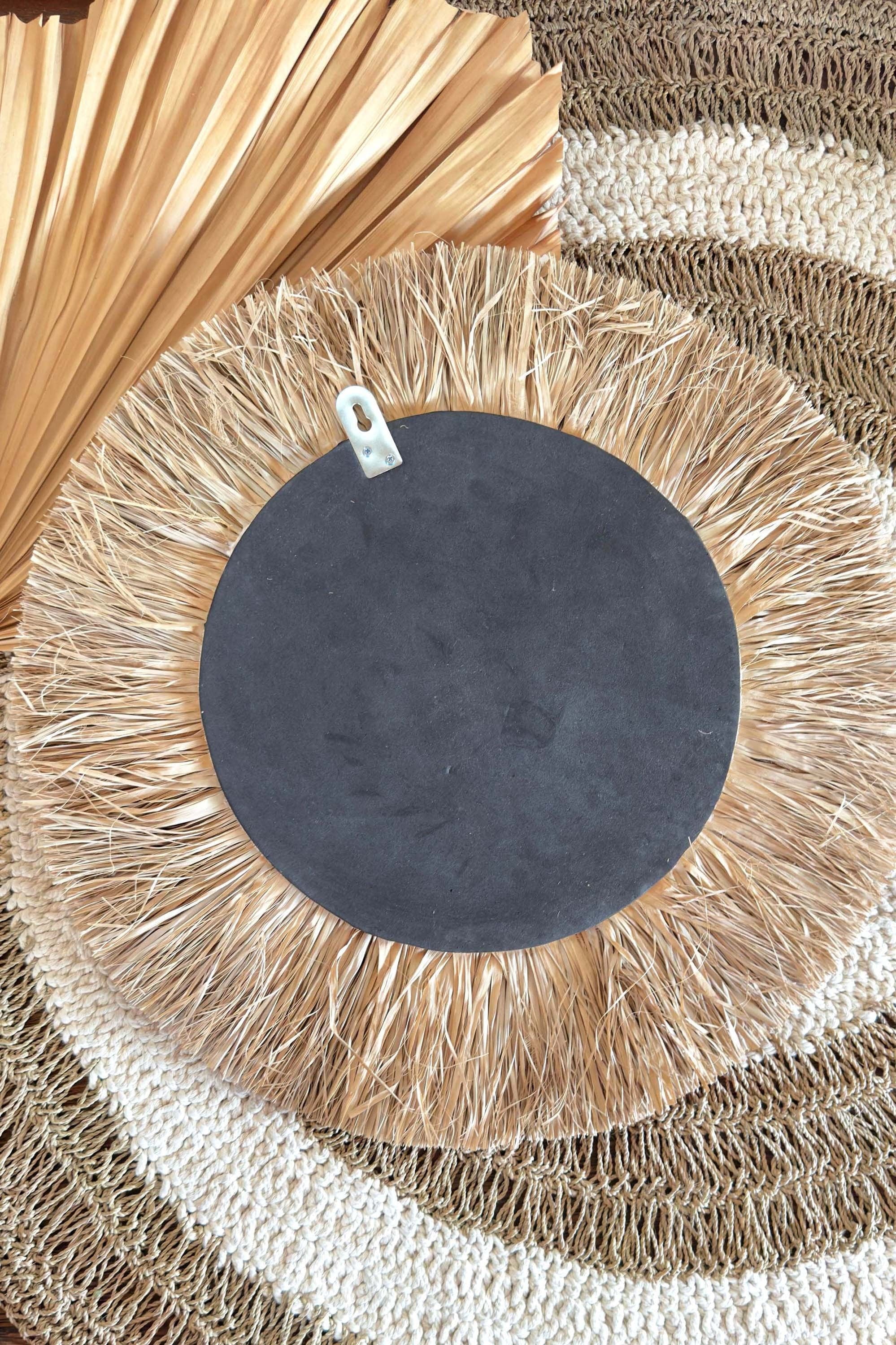 Fringed Grass Mirror Set with Natural Raffia and Cowrie Shells – Boho Chic Wall Decor