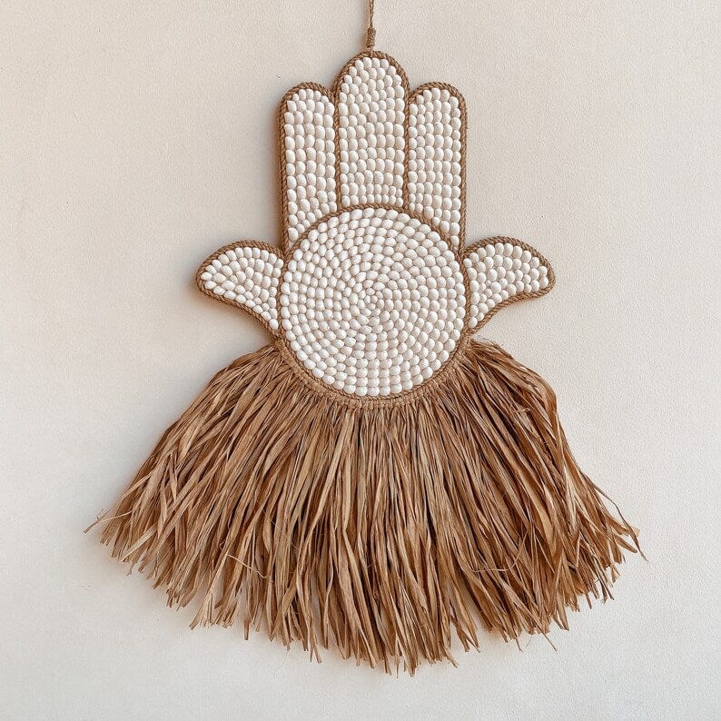 Hamsa Raffia Hanging with Seashells – Natural Boho Wall Decor White