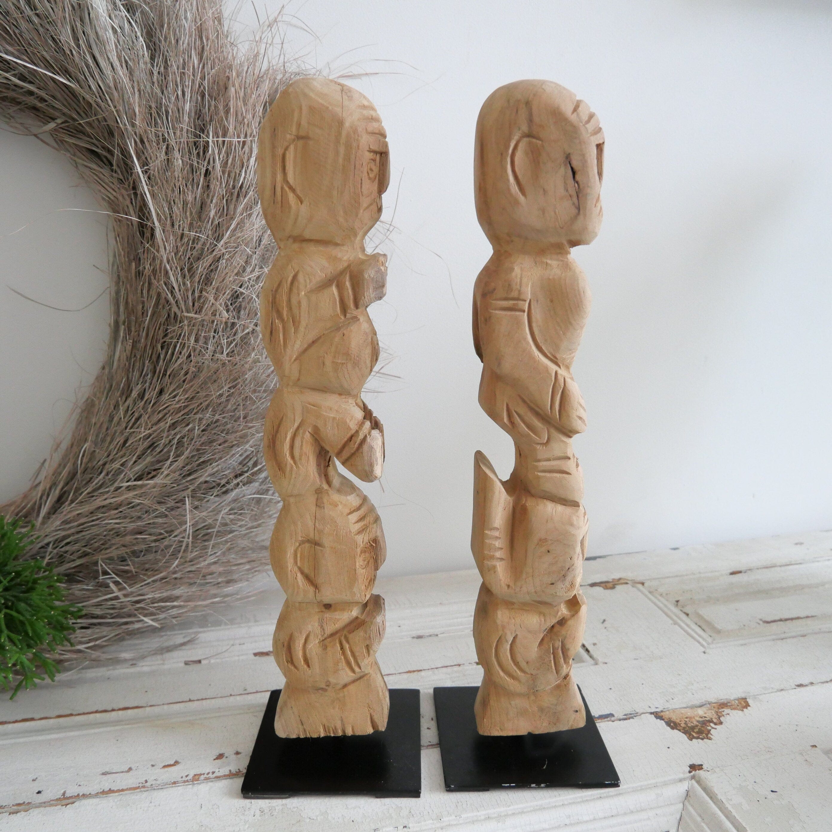 Hand-Carved Wooden Totem Pole on Stand – Boho Scandiboho Coastal Decor