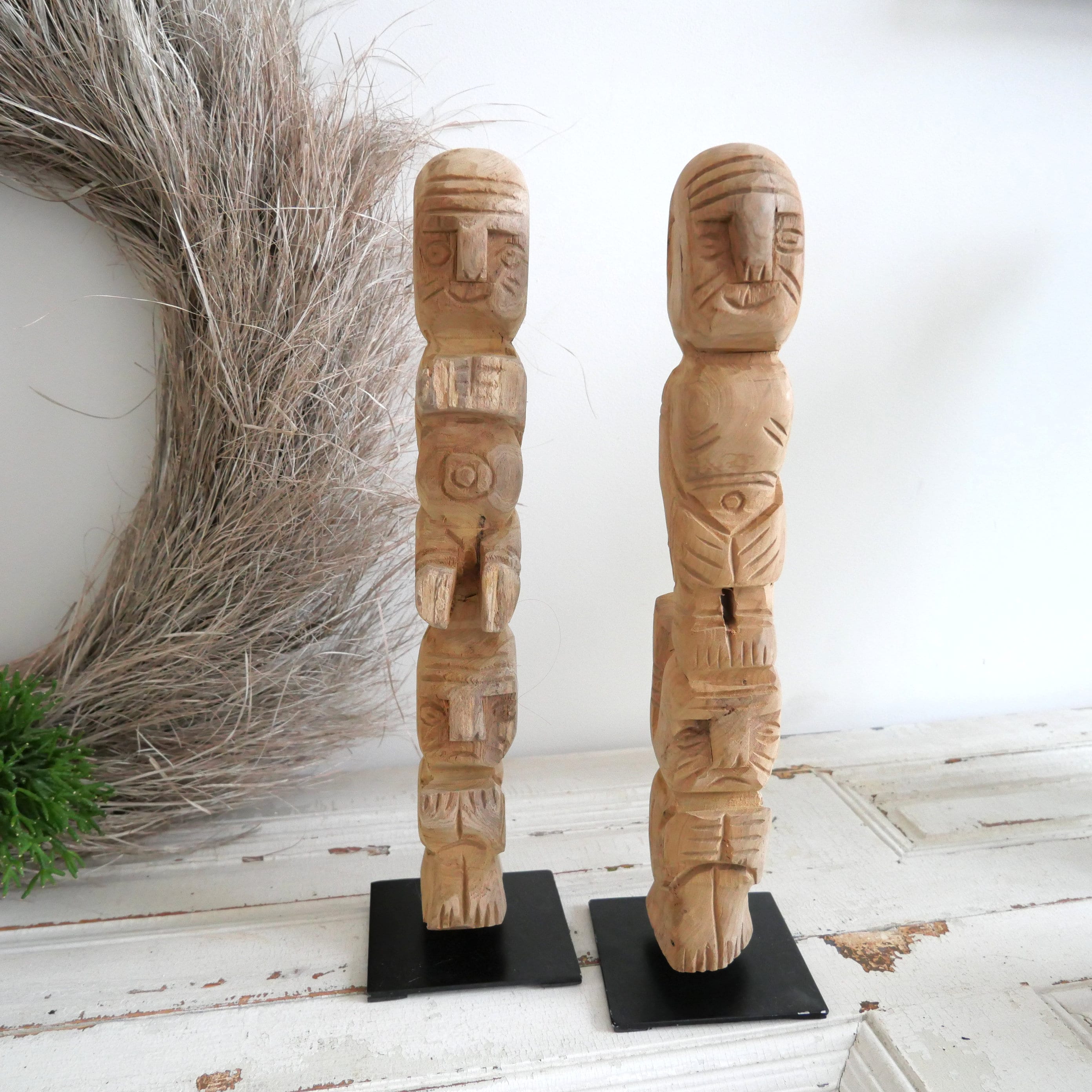 Hand-Carved Wooden Totem Pole on Stand – Boho Scandiboho Coastal Decor Left