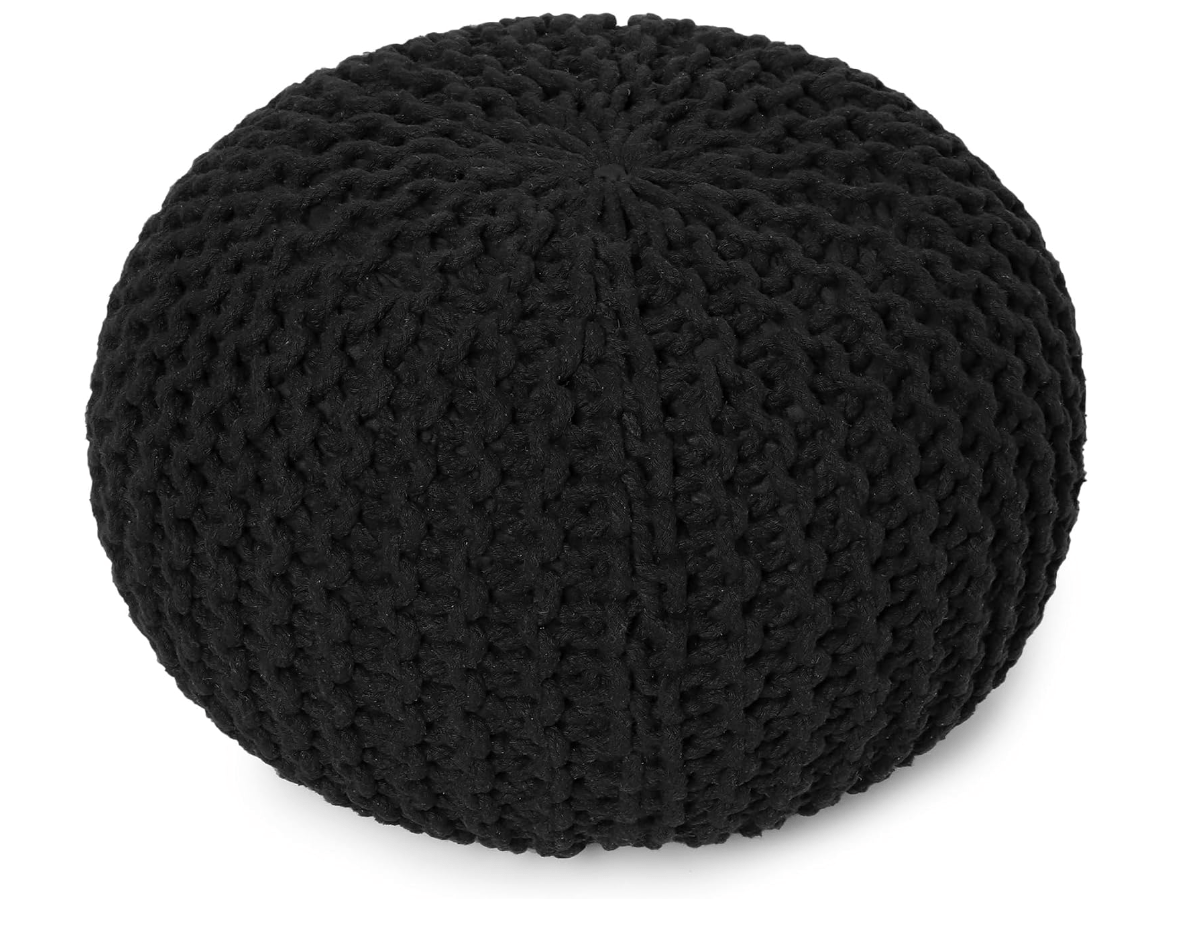 Hand Knitted Beige Ivory Circular Pouf Ottoman - Boho Home Décor Pouffe for Living Room, Nursery, Lounge - 100% Cotton, 19" x 19" x 14" Black