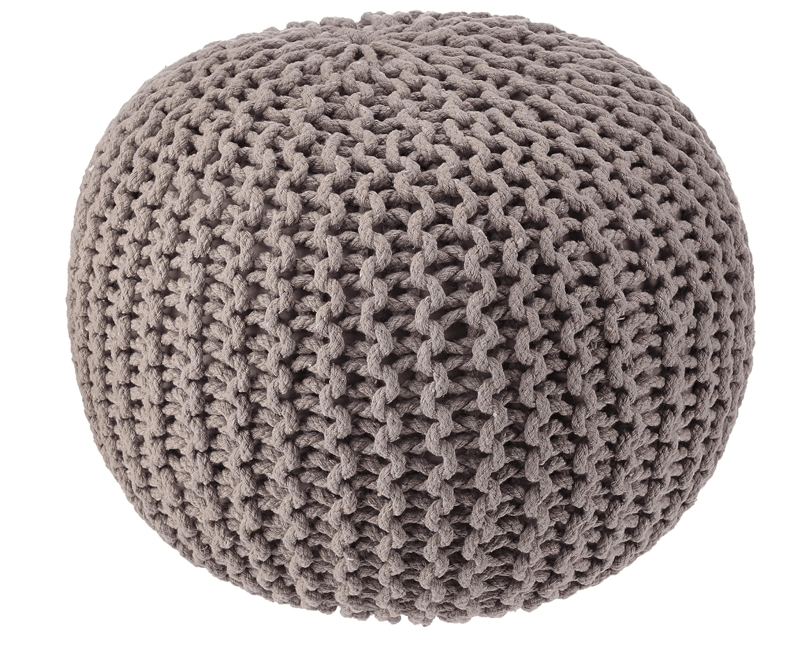 Hand Knitted Beige Ivory Circular Pouf Ottoman - Boho Home Décor Pouffe for Living Room, Nursery, Lounge - 100% Cotton, 19" x 19" x 14" Gray