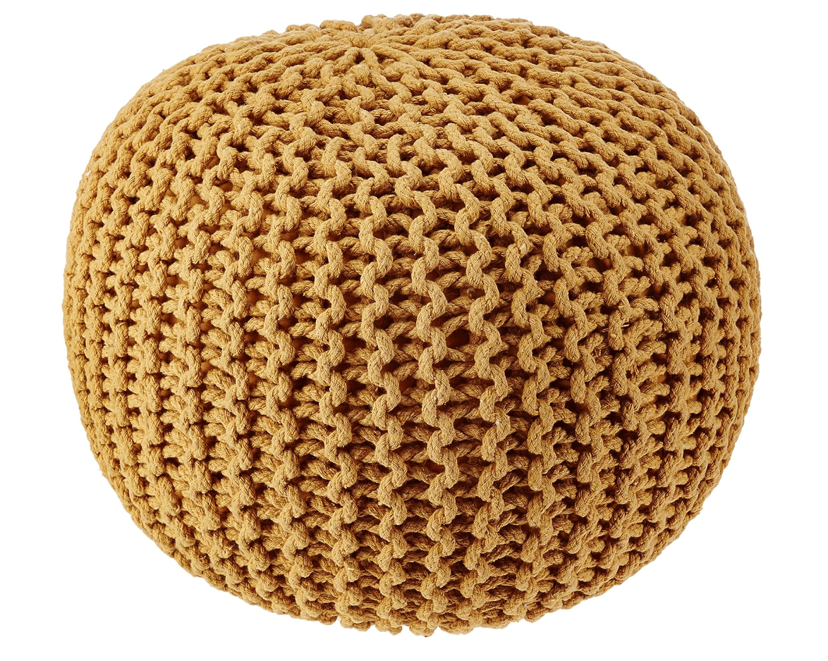 Hand Knitted Beige Ivory Circular Pouf Ottoman - Boho Home Décor Pouffe for Living Room, Nursery, Lounge - 100% Cotton, 19" x 19" x 14" Yellow Mustard