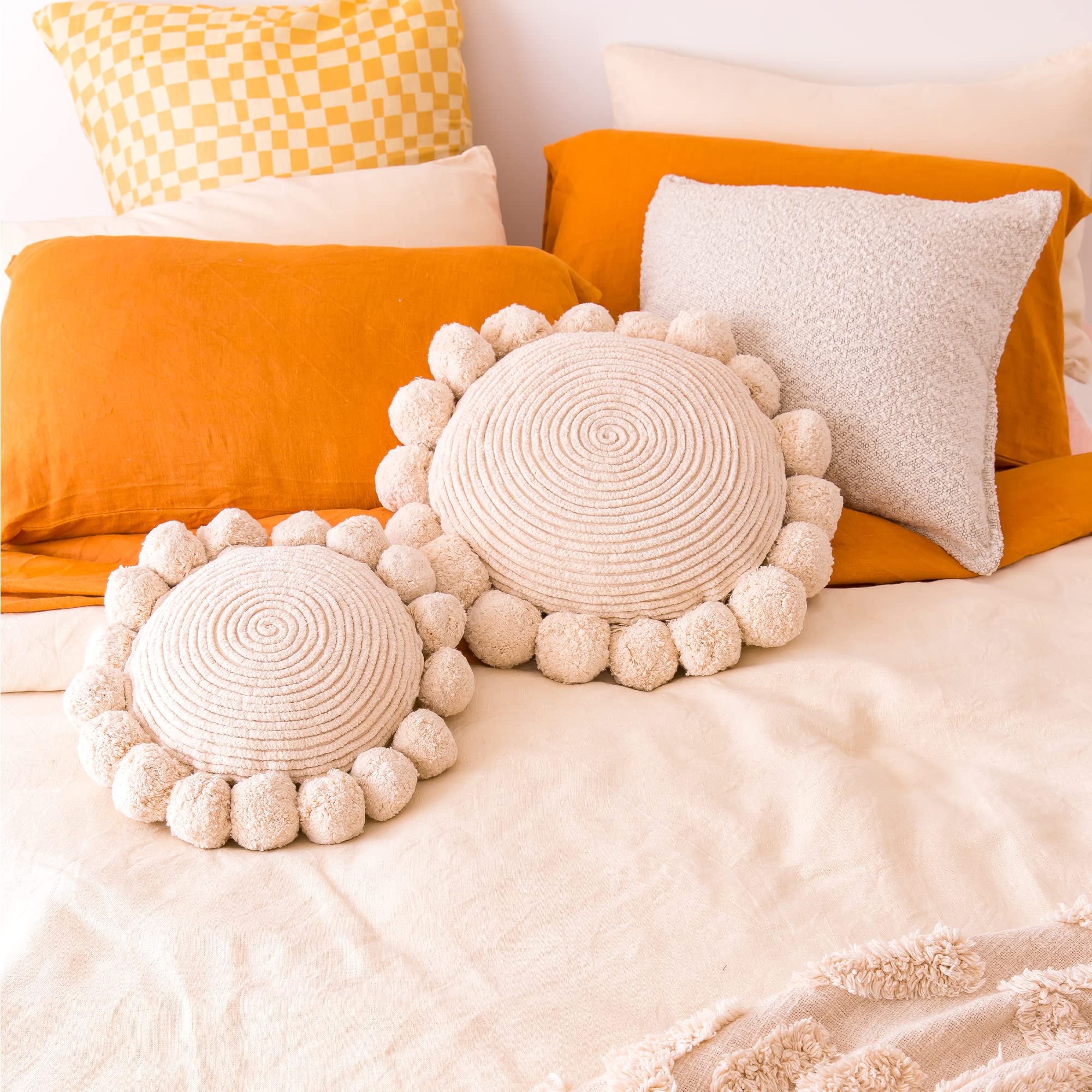 Hand-Tufted Boho Round Pillow Cover 12 Inch | 100% Cotton with Chunky Poms | Natural White Decorative Throw Pillow for Bed, Couch, and Living Room 12'x 12'