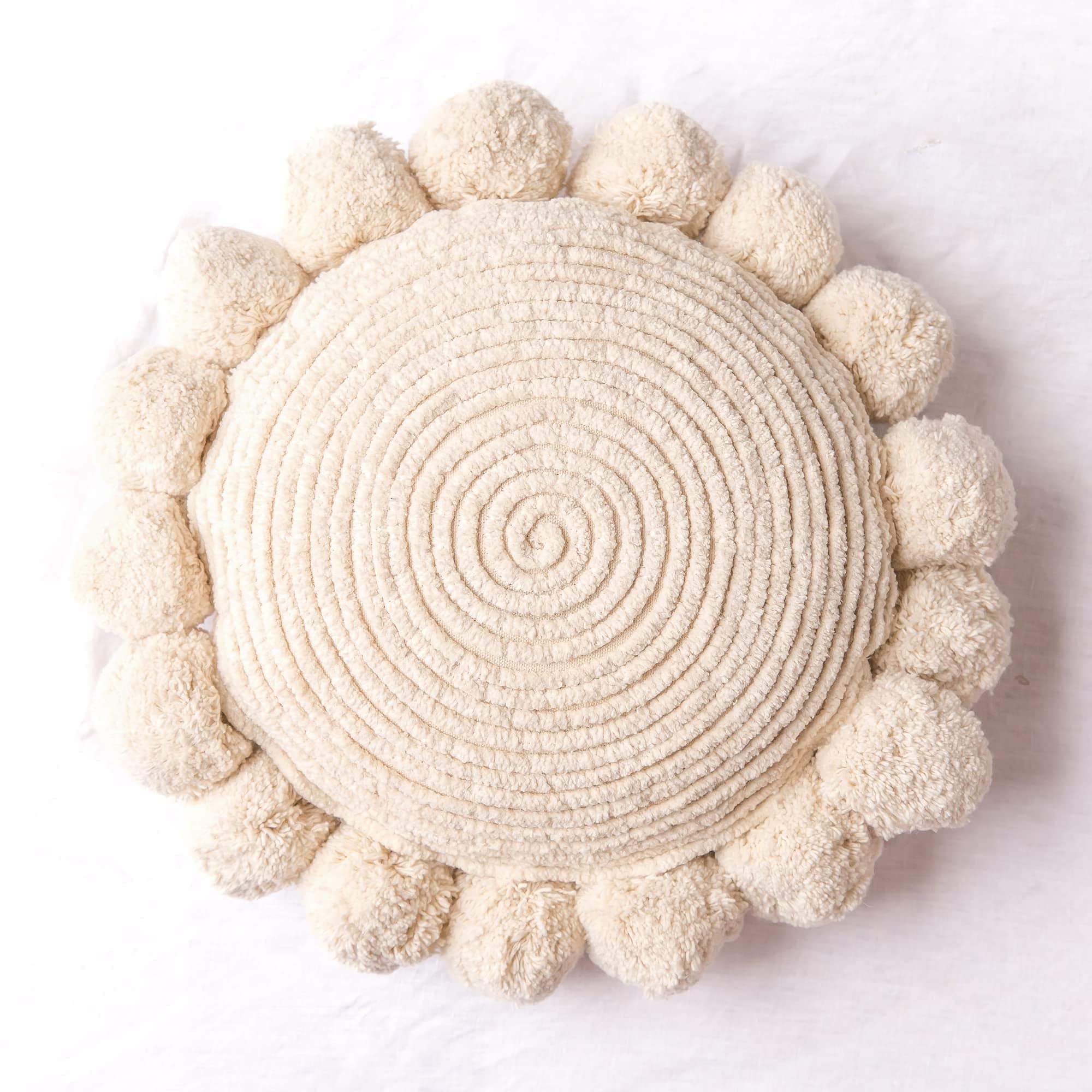 Hand-Tufted Boho Round Pillow Cover 12 Inch | 100% Cotton with Chunky Poms | Natural White Decorative Throw Pillow for Bed, Couch, and Living Room