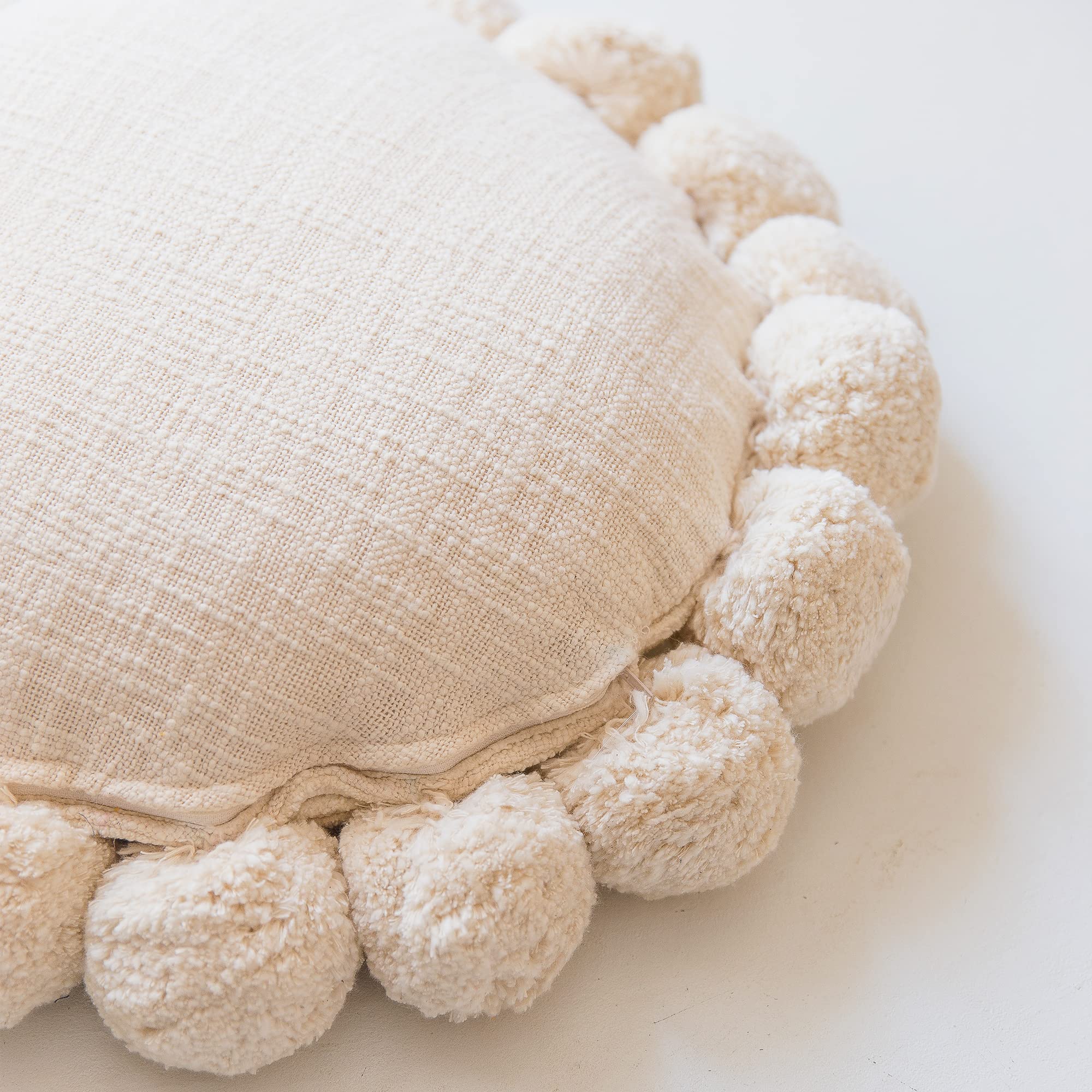 Hand-Tufted Boho Round Pillow Cover 12 Inch | 100% Cotton with Chunky Poms | Natural White Decorative Throw Pillow for Bed, Couch, and Living Room