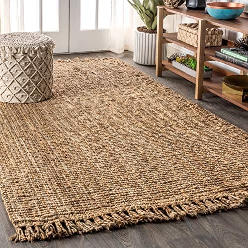 Hand Woven Chunky Jute Area Rug with Fringe – Bohemian Style for Bedroom, Kitchen, and Living Room, Natural, Available in 5' x 8' and 8' x 10'