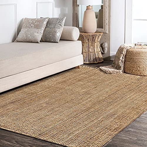 Hand Woven Chunky Jute Area Rug with Fringe – Bohemian Style for Bedroom, Kitchen, and Living Room, Natural, Available in 5' x 8' and 8' x 10'