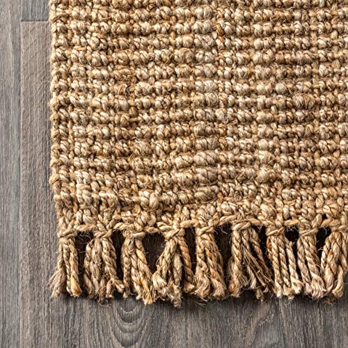 Hand Woven Chunky Jute Area Rug with Fringe – Bohemian Style for Bedroom, Kitchen, and Living Room, Natural, Available in 5' x 8' and 8' x 10'