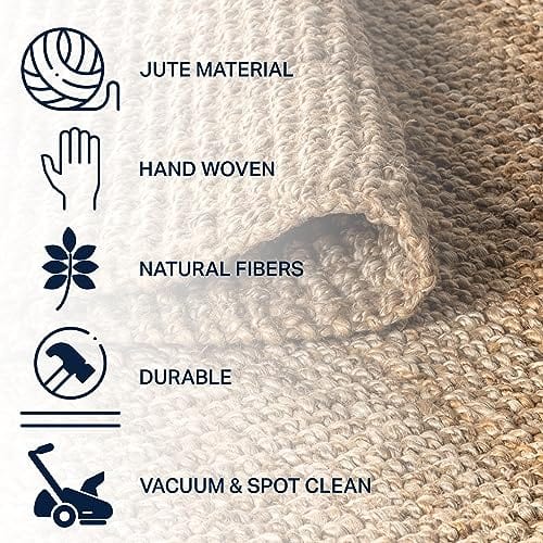 Hand Woven Chunky Jute Area Rug with Fringe – Bohemian Style for Bedroom, Kitchen, and Living Room, Natural, Available in 5' x 8' and 8' x 10'