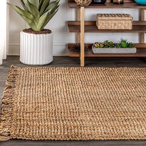 Hand Woven Chunky Jute Area Rug with Fringe – Bohemian Style for Bedroom, Kitchen, and Living Room, Natural, Available in 5' x 8' and 8' x 10'