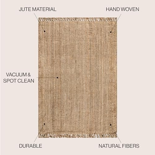 Hand Woven Chunky Jute Area Rug with Fringe – Bohemian Style for Bedroom, Kitchen, and Living Room, Natural, Available in 5' x 8' and 8' x 10'