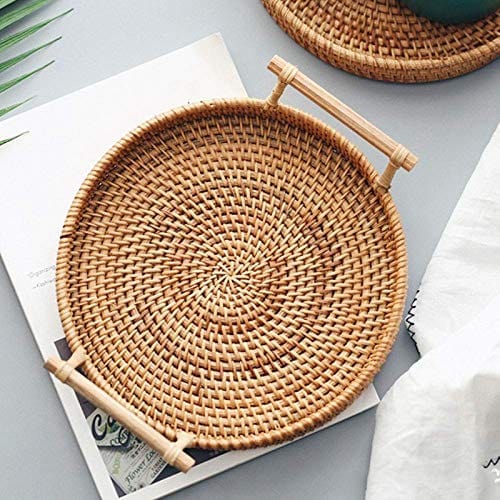 Hand-Woven Rattan Storage Tray with Handle - Versatile Round Basket for Food, Crafts, and Home Decor