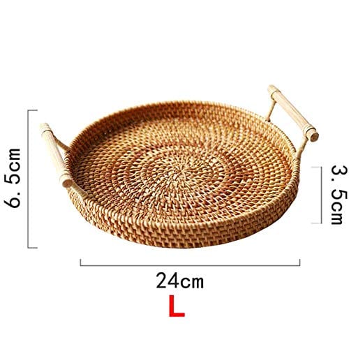 Hand-Woven Rattan Storage Tray with Handle - Versatile Round Basket for Food, Crafts, and Home Decor