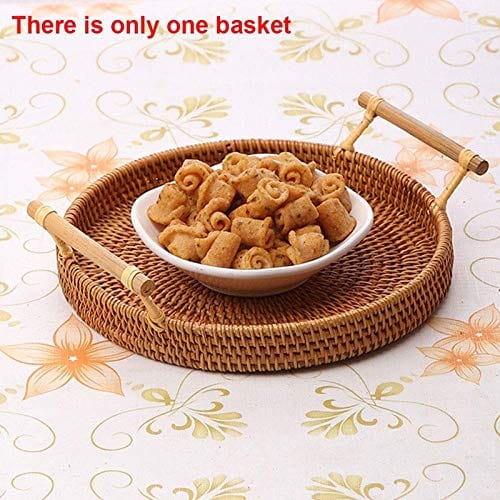 Hand-Woven Rattan Storage Tray with Handle - Versatile Round Basket for Food, Crafts, and Home Decor