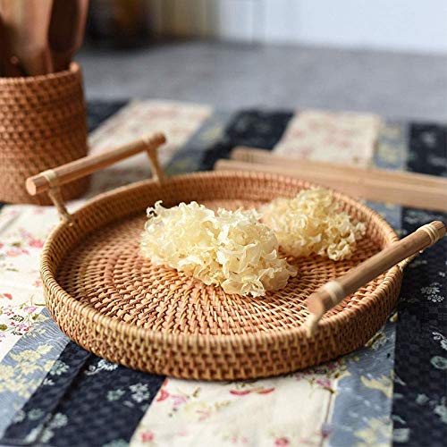 Hand-Woven Rattan Storage Tray with Handle - Versatile Round Basket for Food, Crafts, and Home Decor