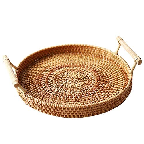 Hand-Woven Rattan Storage Tray with Handle - Versatile Round Basket for Food, Crafts, and Home Decor