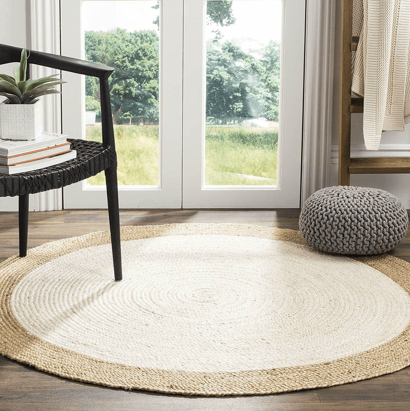 Hand-Woven White Jute Area Rug - 6' Round Rug for Living Room, Dining Room, and More - Elegant and Durable 100% Jute Rug