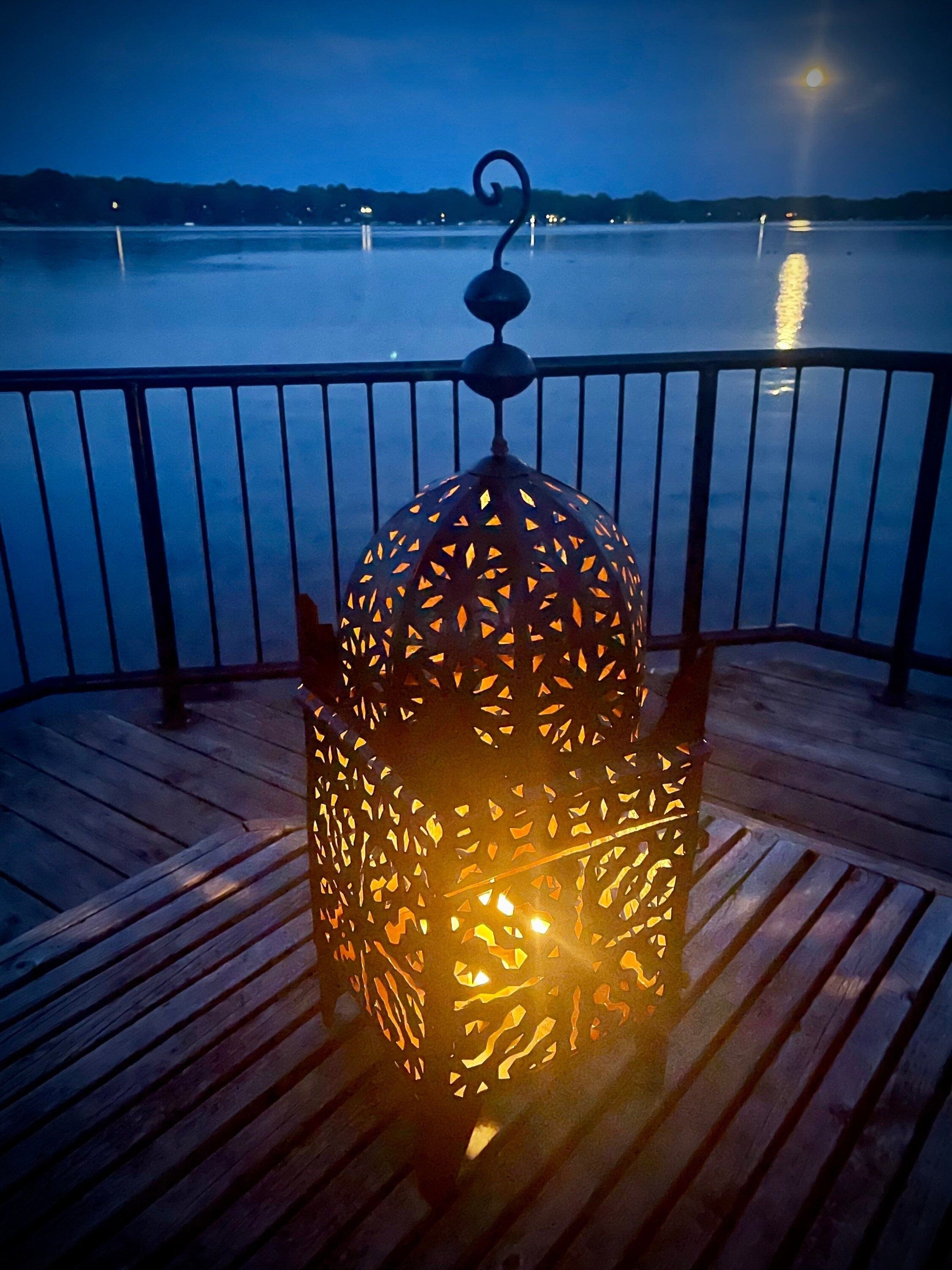 Handcrafted 28" Moroccan Lantern - Rustic Hammered Metal Floor/Table Lamp for Indoor and Outdoor Use