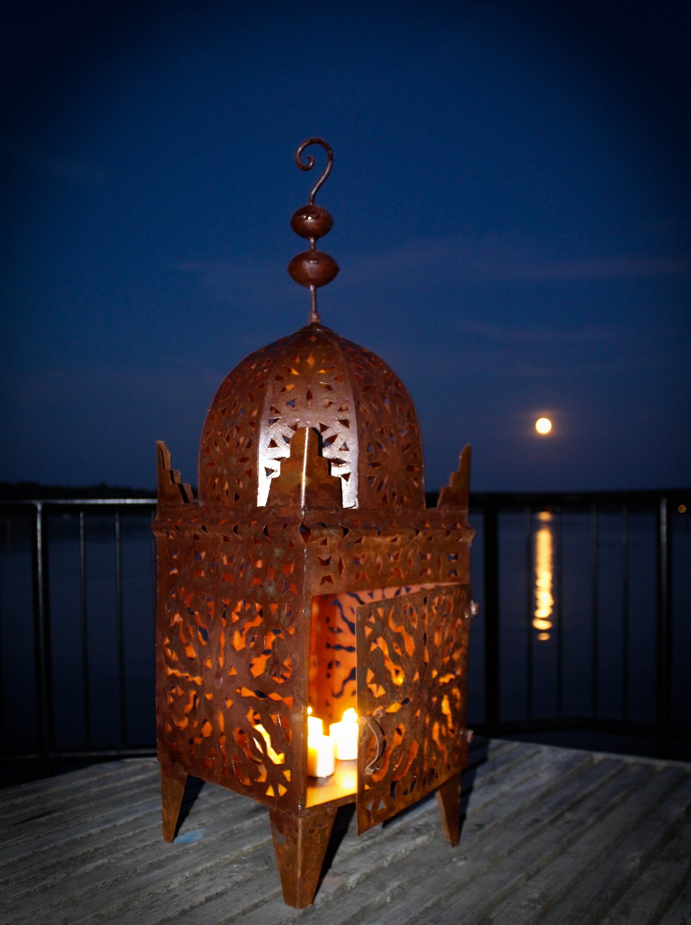 Handcrafted 28" Moroccan Lantern - Rustic Hammered Metal Floor/Table Lamp for Indoor and Outdoor Use