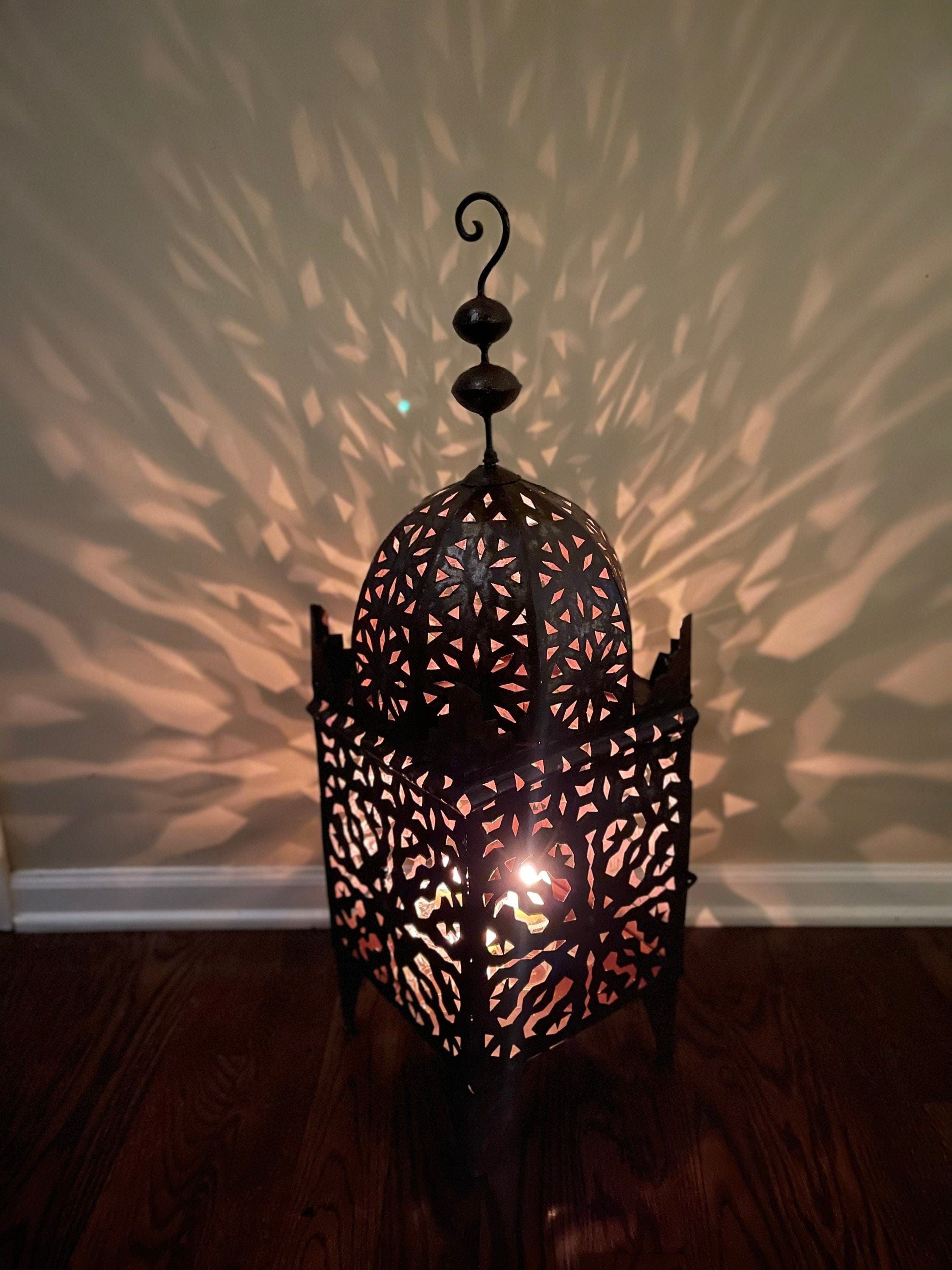 Handcrafted 28" Moroccan Lantern - Rustic Hammered Metal Floor/Table Lamp for Indoor and Outdoor Use