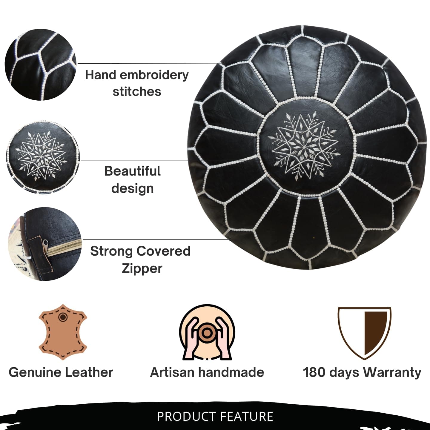 Handcrafted Black Leather Moroccan Pouf Cover - Versatile Ottoman Footstool for Boho Home Decor - Unstuffed