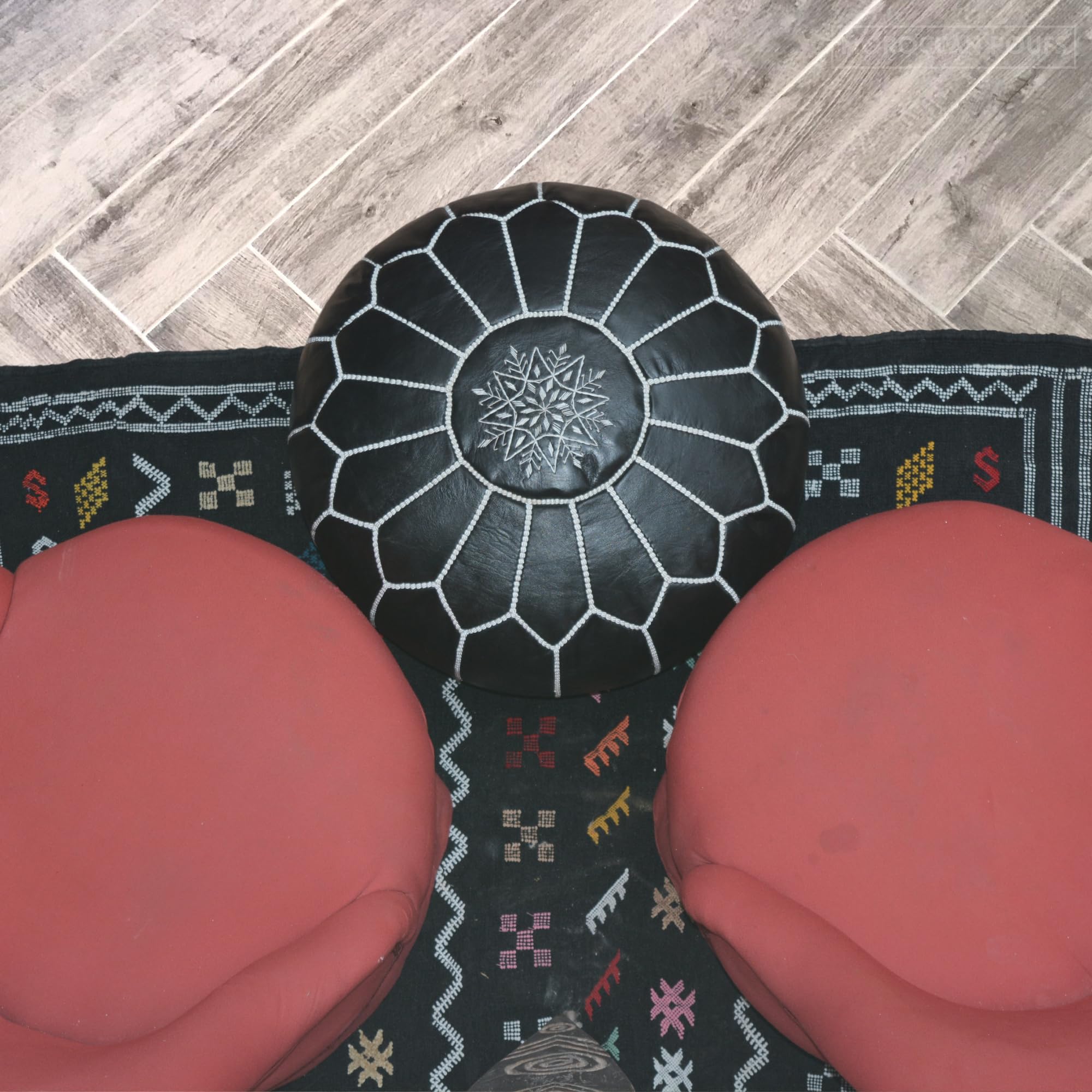 Handcrafted Black Leather Moroccan Pouf Cover - Versatile Ottoman Footstool for Boho Home Decor - Unstuffed