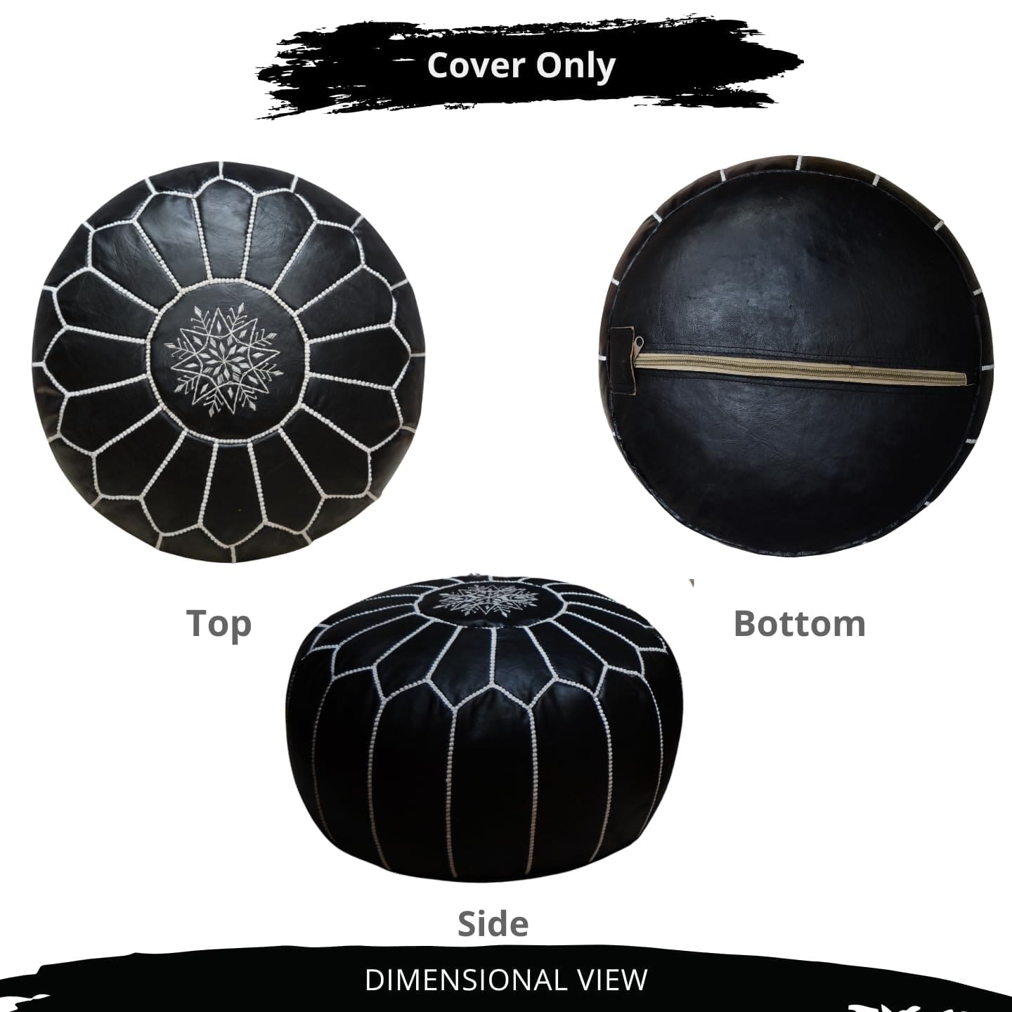 Handcrafted Black Leather Moroccan Pouf Cover - Versatile Ottoman Footstool for Boho Home Decor - Unstuffed