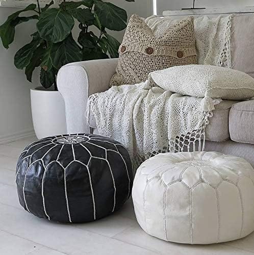 Handcrafted Black Leather Moroccan Pouf Cover - Versatile Ottoman Footstool for Boho Home Decor - Unstuffed