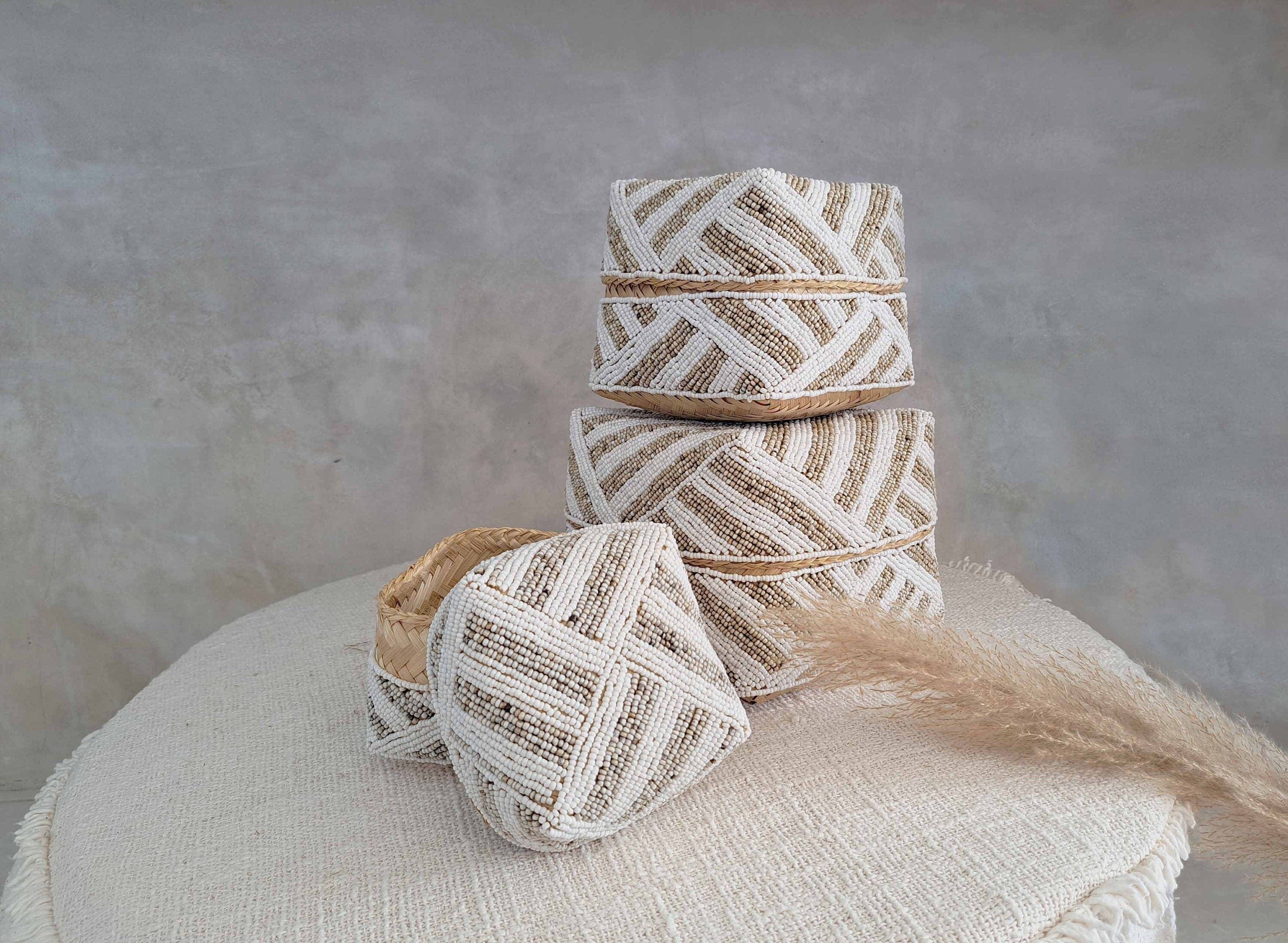 Handcrafted Decorative Beaded Basket Set of 3 | Bamboo Storage Boxes | Boho Coastal Nursery Decor, Jewelry, Bathroom Essentials