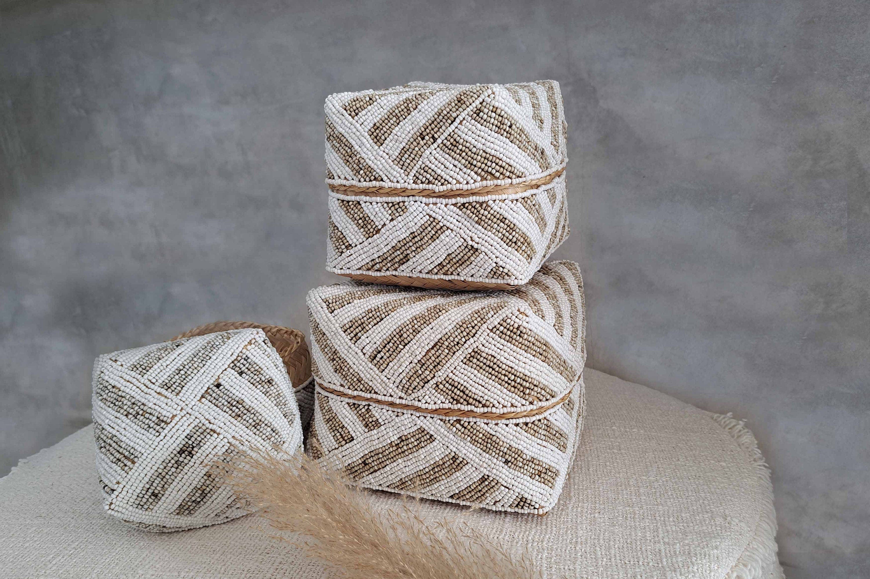 Handcrafted Decorative Beaded Basket Set of 3 | Bamboo Storage Boxes | Boho Coastal Nursery Decor, Jewelry, Bathroom Essentials