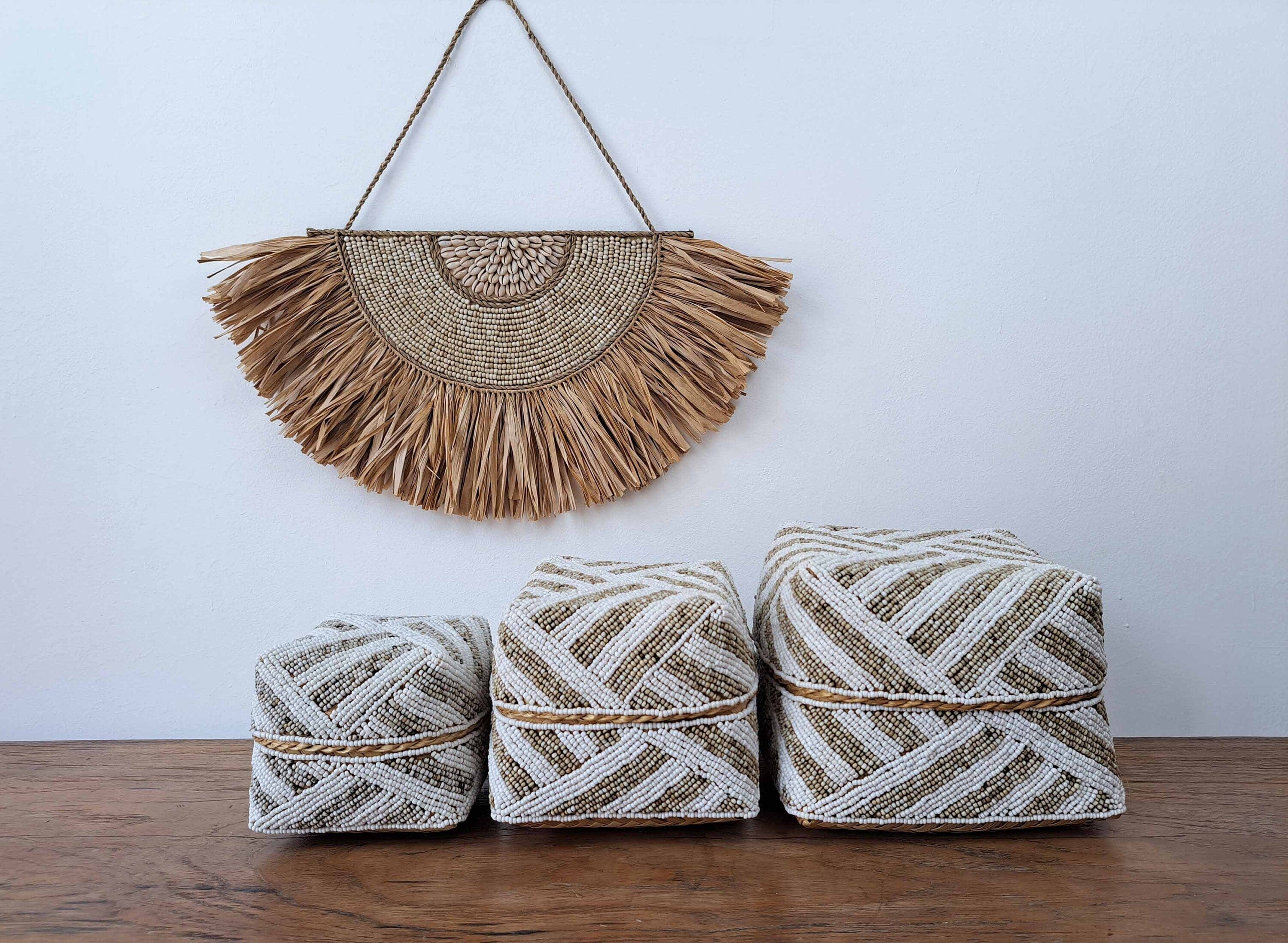 Handcrafted Decorative Beaded Basket Set of 3 | Bamboo Storage Boxes | Boho Coastal Nursery Decor, Jewelry, Bathroom Essentials