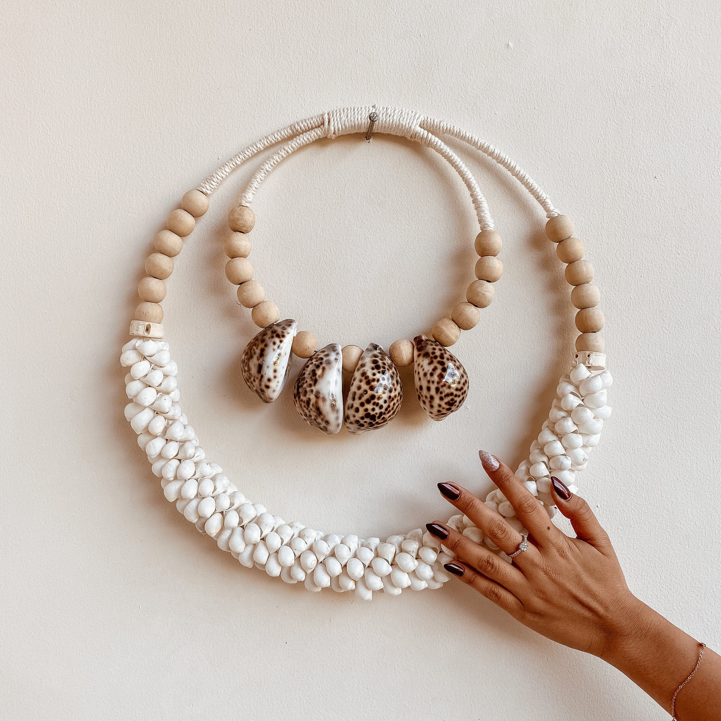 Handcrafted Double Seashell Beaded Wall Necklace Decoration - Unique Indonesian Art