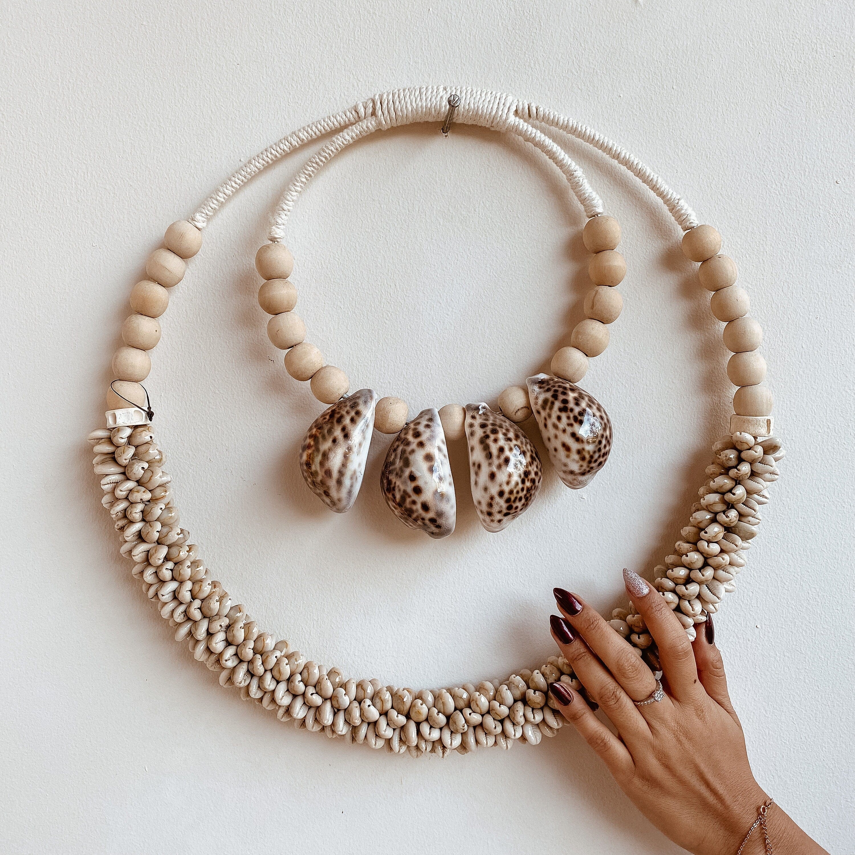 Handcrafted Double Seashell Beaded Wall Necklace Decoration - Unique Indonesian Art