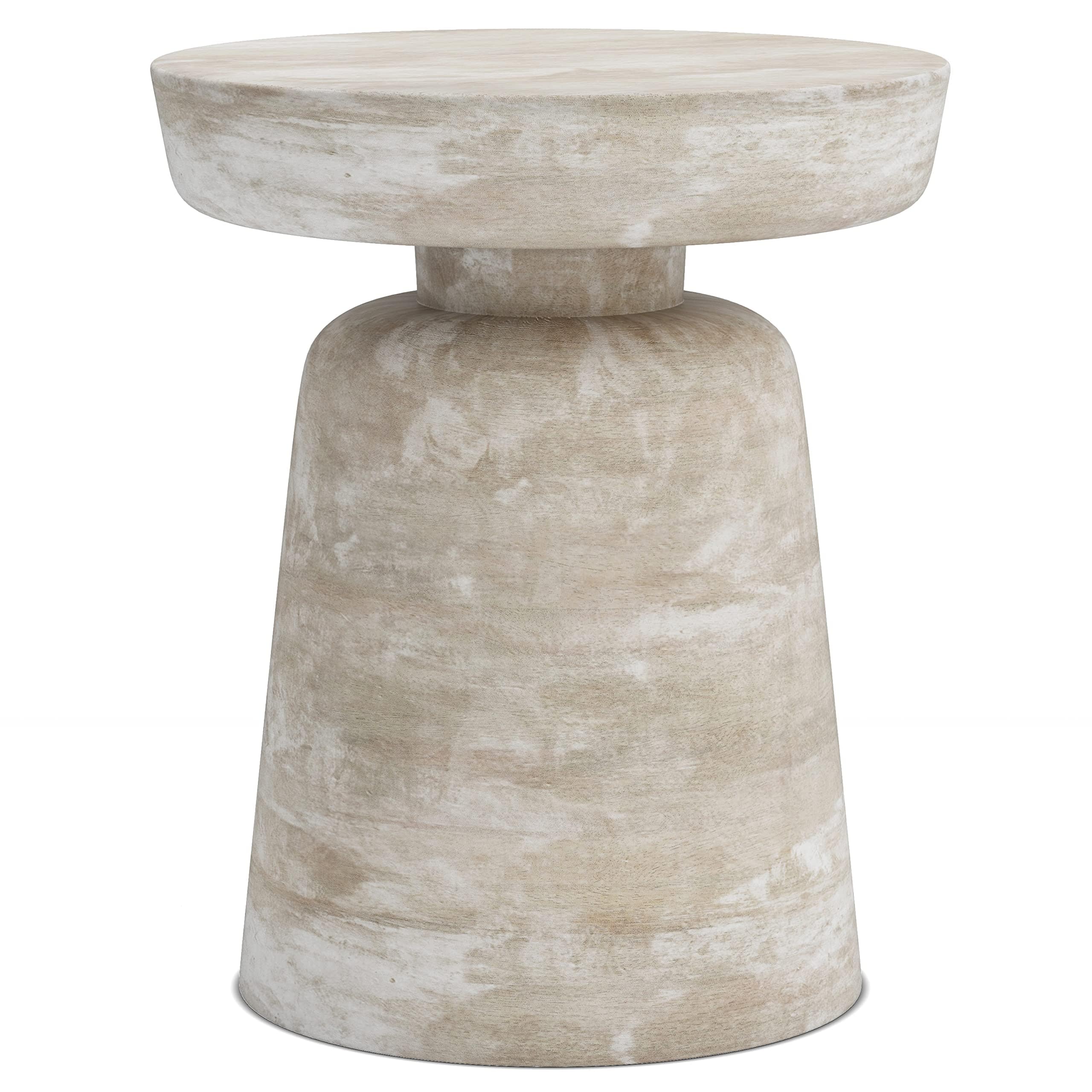 Handcrafted Mango Wood 16-Inch Round Rustic Accent Table in Distressed White Finish, Fully Assembled for Living Room and Bedroom