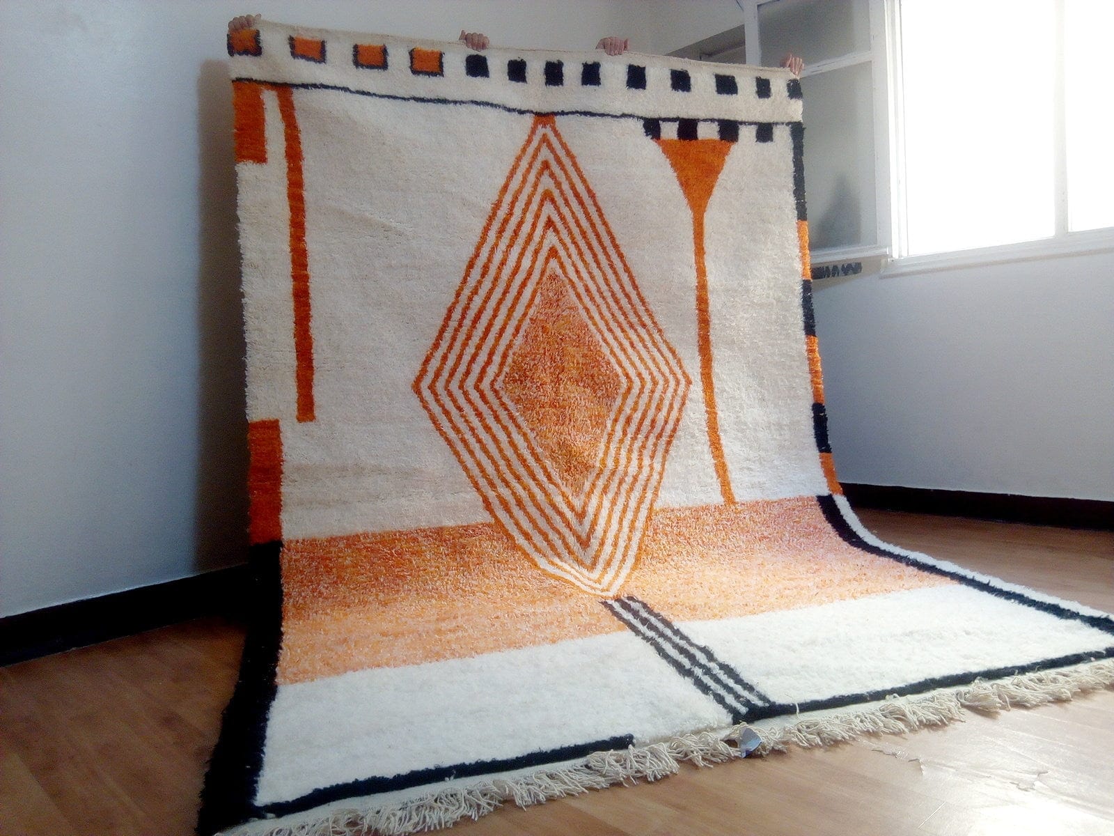 Handcrafted Moroccan Berber Rug, Beni Ourain Style Wool Rug, Azilal Design in Vibrant Orange