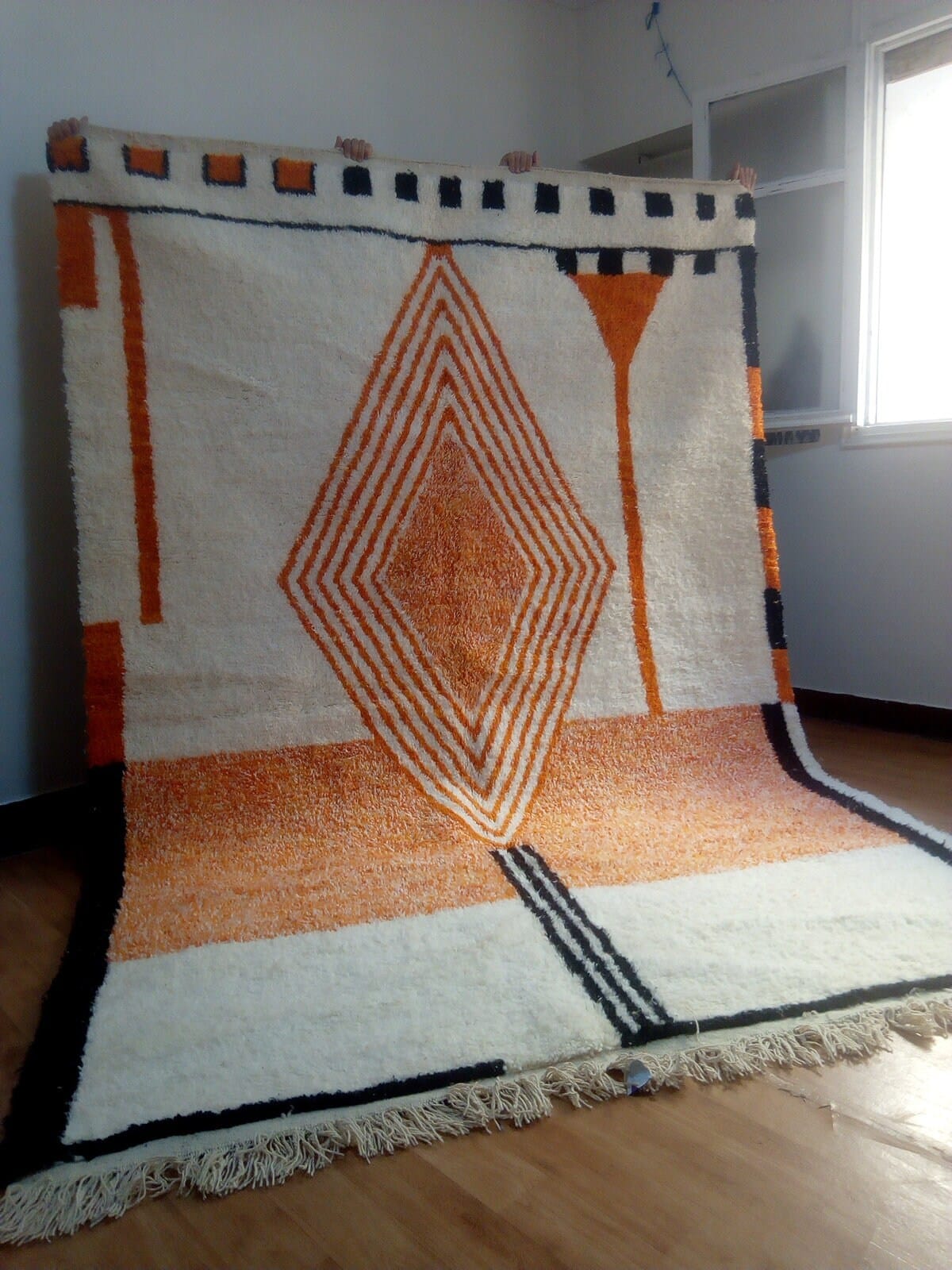 Handcrafted Moroccan Berber Rug, Beni Ourain Style Wool Rug, Azilal Design in Vibrant Orange