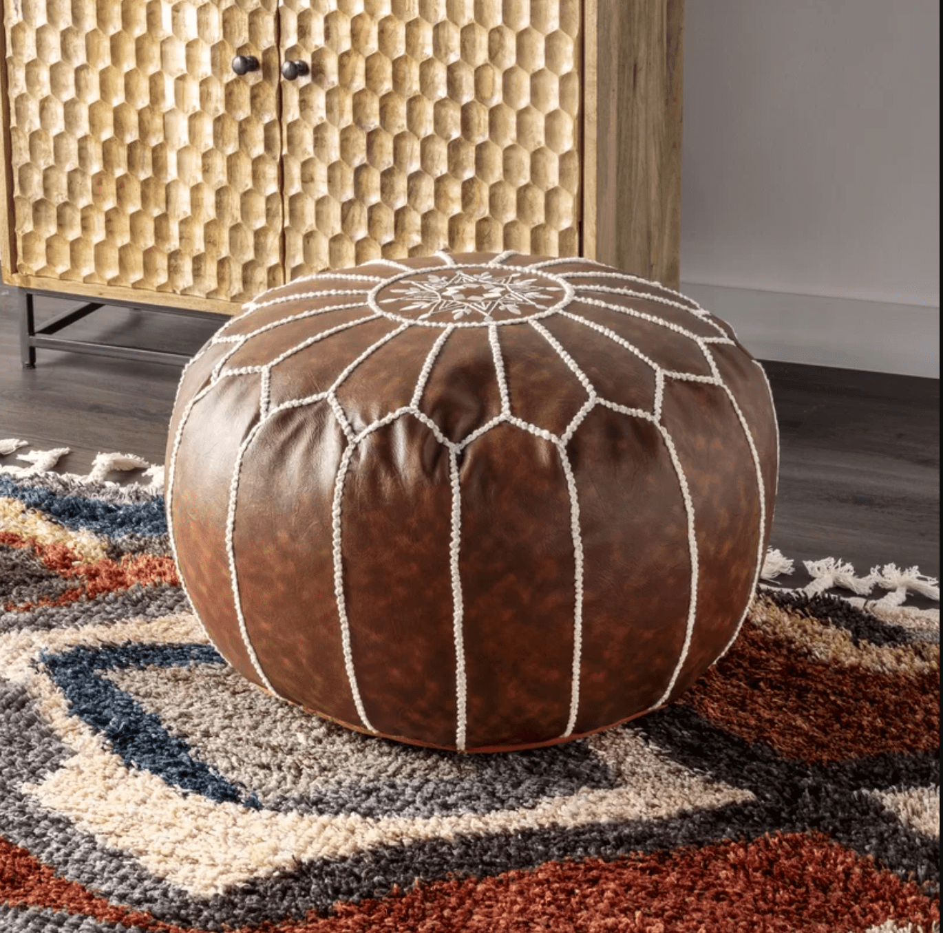 Handcrafted Moroccan Leather Ottoman Pouf Cover | Dark Tan | Authentic Embroidery | Sustainably Sourced