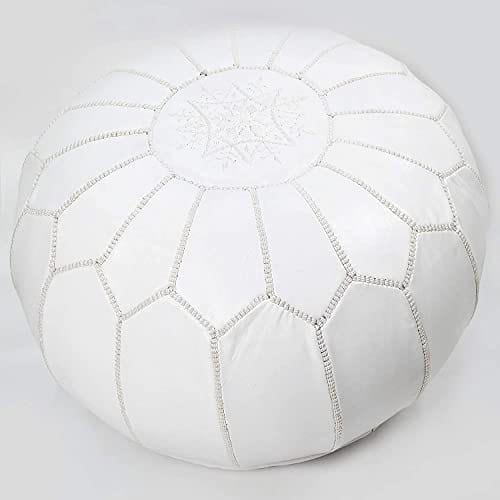 Handcrafted Moroccan Leather Pouf Cover - Large Round Ottoman Footstool with Embroidery, Unstuffed